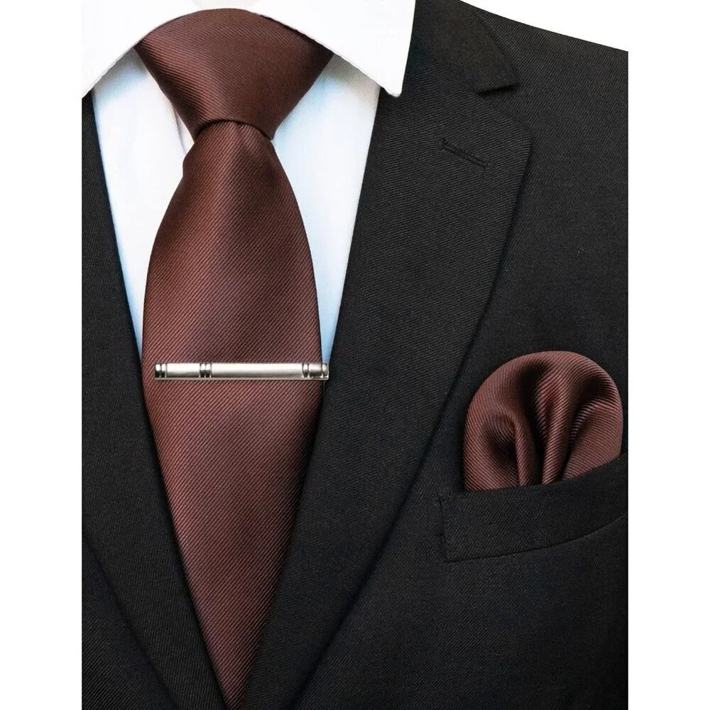 Men's Chocolate Colour Formal Necktie and Pocket Square Tie Clip Sets